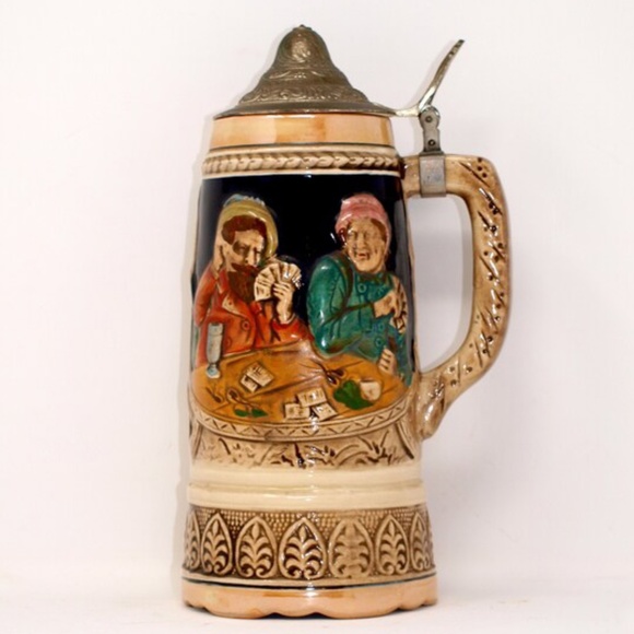 Dining Music Box Vintage Beer Stein With Lid Two Men Playing Cards